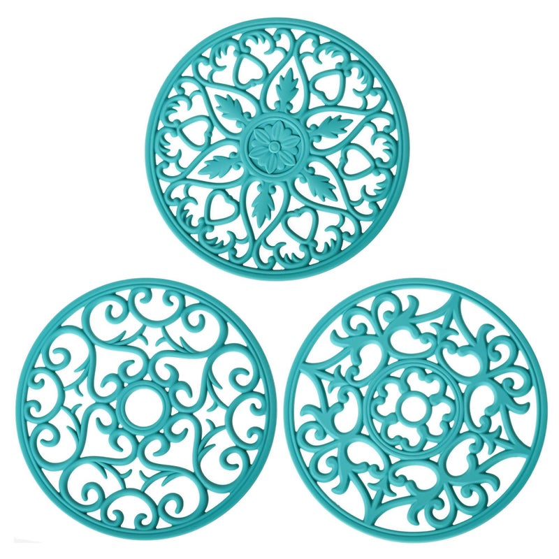 Kalsreui Teal Trivets for Hot Dishes Silicone Hot Pads for Kitchen Silicone Trivets for Hot Pots and Pans Countertop and Tabletop Trivet Mat Multi Use Round Silicone Pot Holders Set of 3