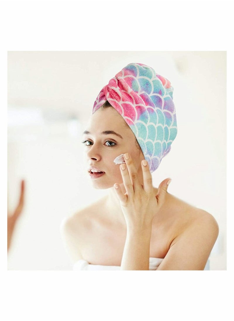Super Absorbent Microfiber Hair Drying Towel 3 Pack Instant Wrap with on Soft Anti Frizz Bath Cap for Long Thick Hair Women Kids Mermaid Style - Image 2