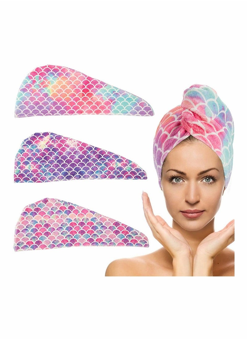 Super Absorbent Microfiber Hair Drying Towel 3 Pack Instant Wrap with on Soft Anti Frizz Bath Cap for Long Thick Hair Women Kids Mermaid Style - Image 1