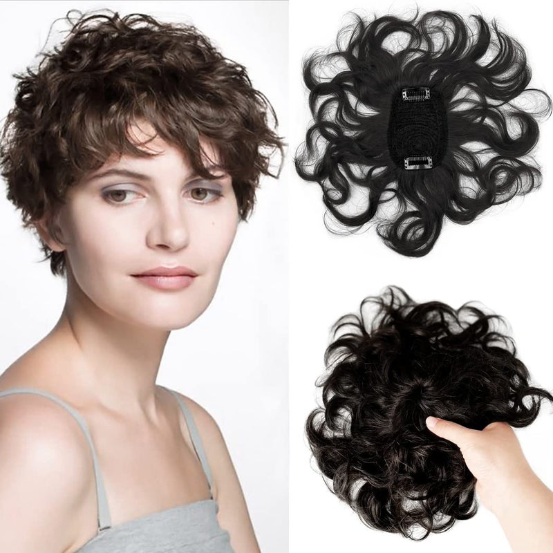 ICRAB 7 Short Curly Human Hair Toppers for Women276x394 Small Area Top Clip in Hair Pieces Natural Wavy Short Hair Topper Wiglets Hairpiece for Slight Thinning Hair Black