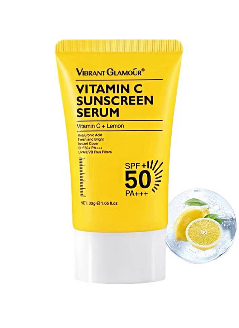 Vibrant Glamour Vitamin C Sunscreen Serum，SPF 50+ PA+++ UVA/UVB Sunblock 50X C 3X Ceramide Repair Skin Moisturizing（30g）  - Image 1
