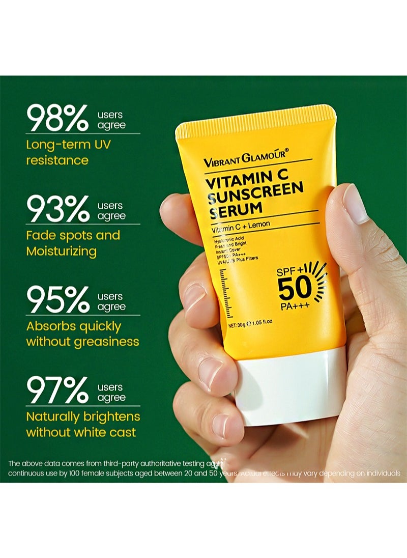 Vibrant Glamour Vitamin C Sunscreen Serum，SPF 50+ PA+++ UVA/UVB Sunblock 50X C 3X Ceramide Repair Skin Moisturizing（30g）  - Image 2