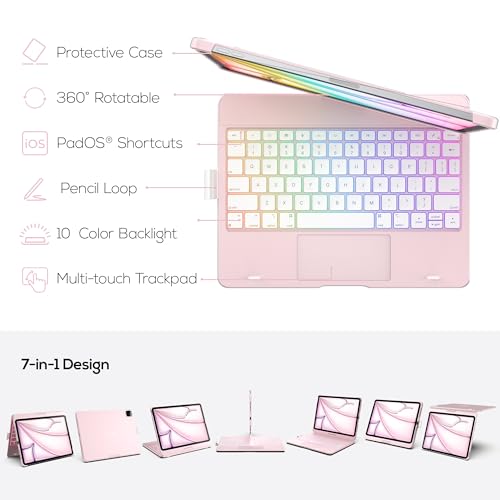 typecase Touch Keyboard Case for iPad Air 11-inch(M3/M2, 2025/2024) & iPad Pro 11(4th/3rd/2nd/1st Gen), Multi-Touch Trackpad, 11-Color Backlight, 360°Rotatable for iPad Air 5/4th Gen, Light Pink - Image 3