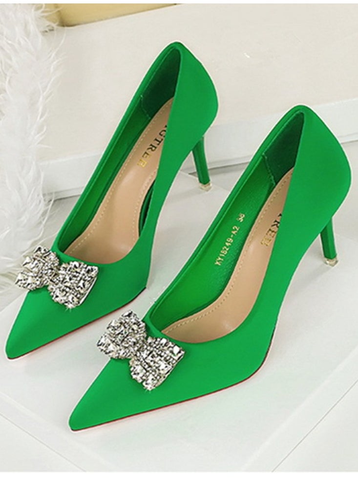 BIGTREE Women's Satin Closed Pointed Toe Stiletto Pump Rhinestone Bowknot Decoration High Heels Green 7.5 CM  - Image 1