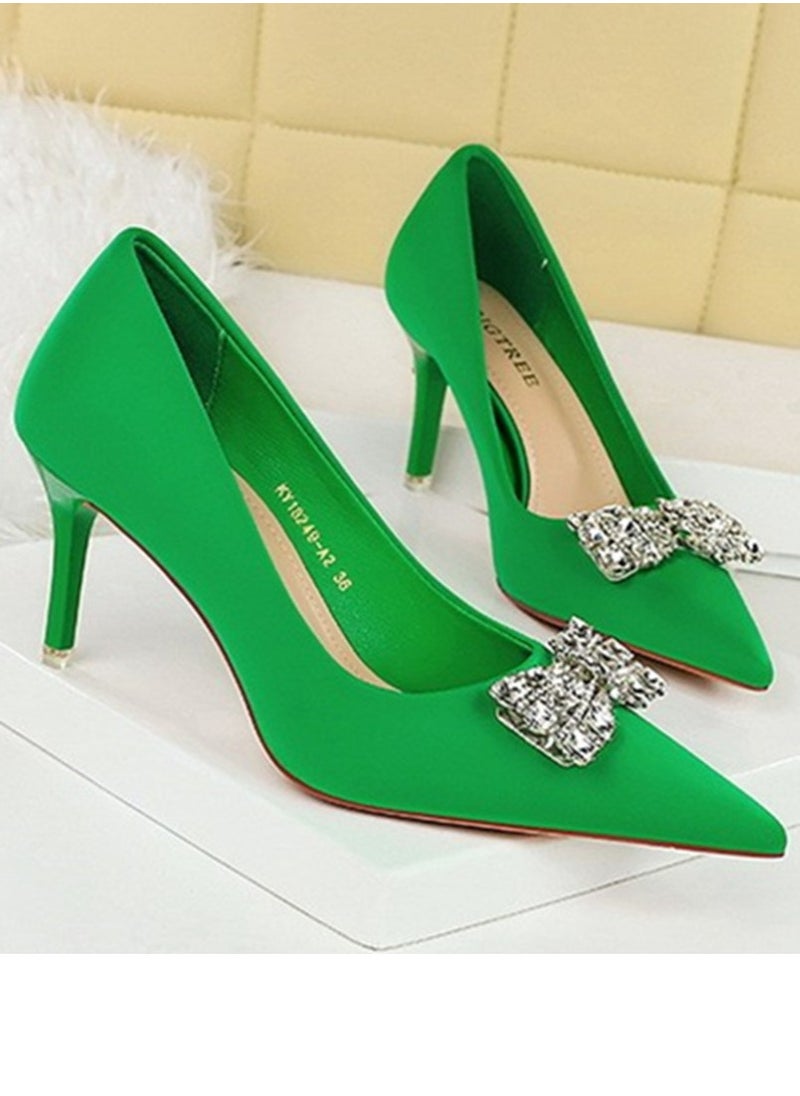 BIGTREE Women's Satin Closed Pointed Toe Stiletto Pump Rhinestone Bowknot Decoration High Heels Green 7.5 CM  - Image 2