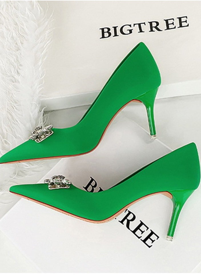 BIGTREE Women's Satin Closed Pointed Toe Stiletto Pump Rhinestone Bowknot Decoration High Heels Green 7.5 CM  - Image 3