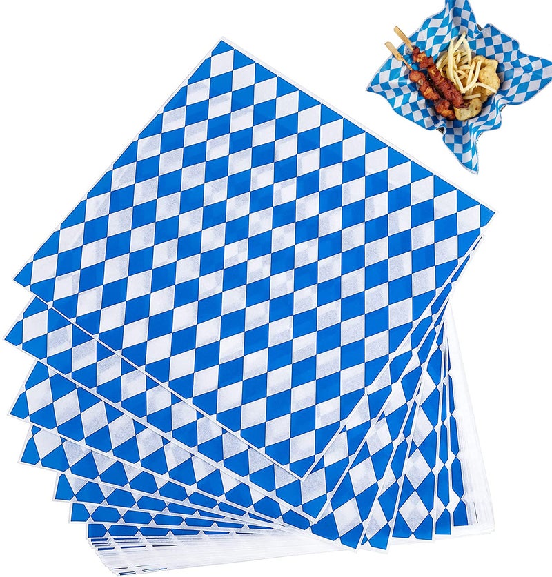 Watayo 100PCS BlueWhite Wax Checkered Food Wrapping PapersCheckered Grease Resistant Liners for Oktoberfest Plasic Food Basket of Wrapping Bread and Sandwiches Restaurants BBQs100pcs