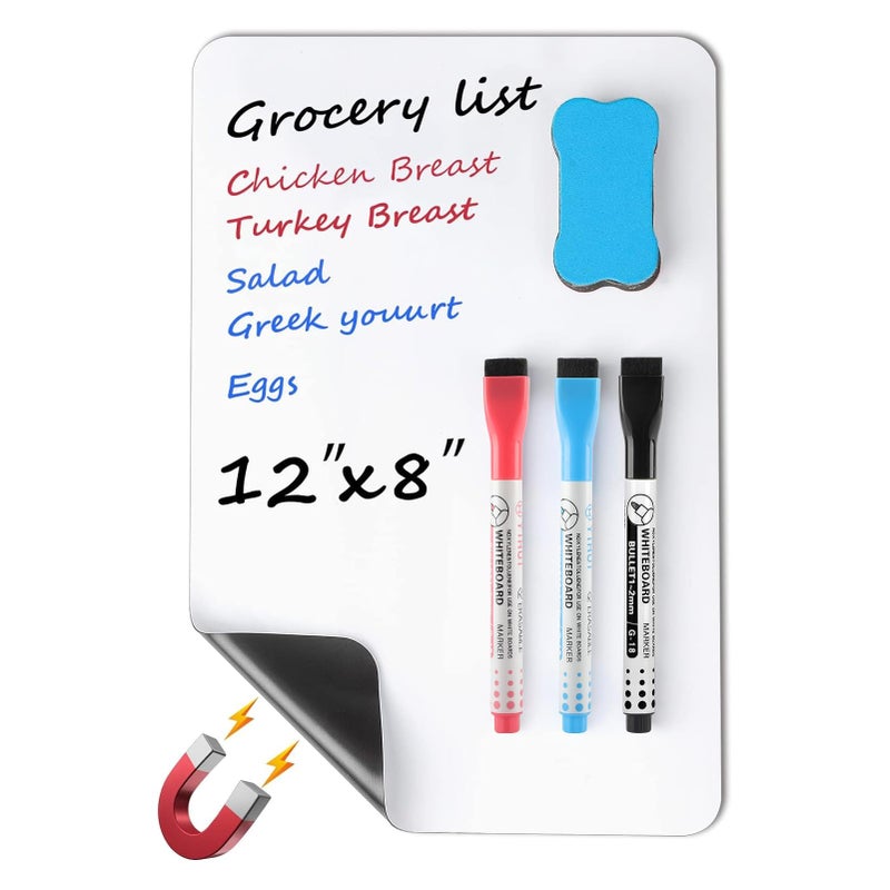 MaxGear Small Magnetic Dry Erase Board Sheet for Refrigerator, Fridge Whiteboard for Kitchen, 12" x 8" White Board Organizer and Planner with Stain Resistant Technology, Include 1 Eraser, 3 Markers - Image 1