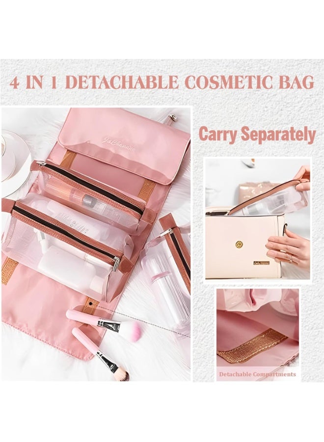 Portable travel makeup bag for organizing cosmetics with mesh pockets and brush holder for women and girls - Pink - 333 - Image 3