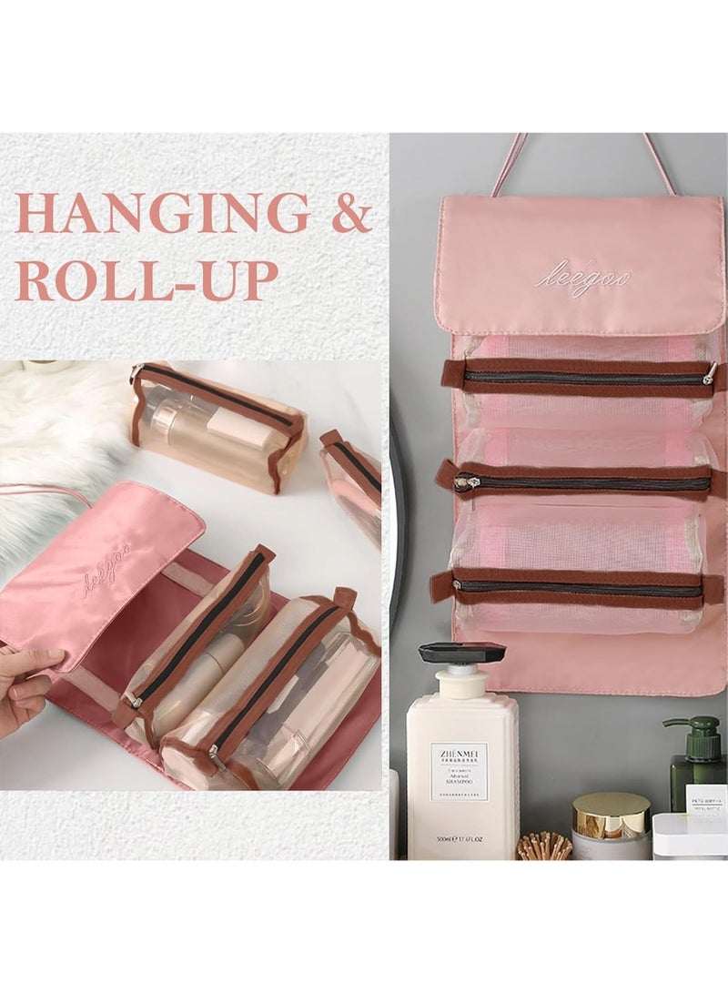 Portable travel makeup bag for organizing cosmetics with mesh pockets and brush holder for women and girls - Pink - 333 - Image 2