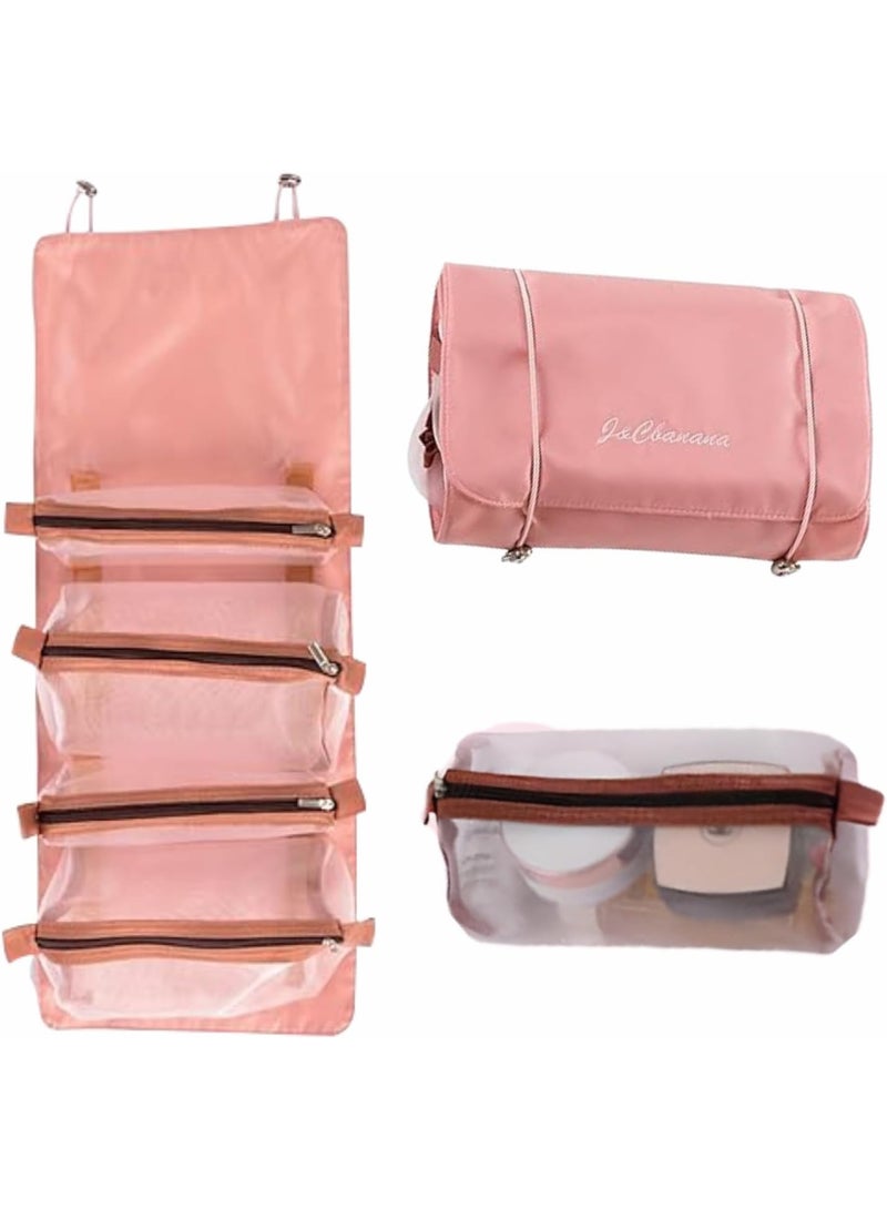 Portable travel makeup bag for organizing cosmetics with mesh pockets and brush holder for women and girls - Pink - 333 - Image 1