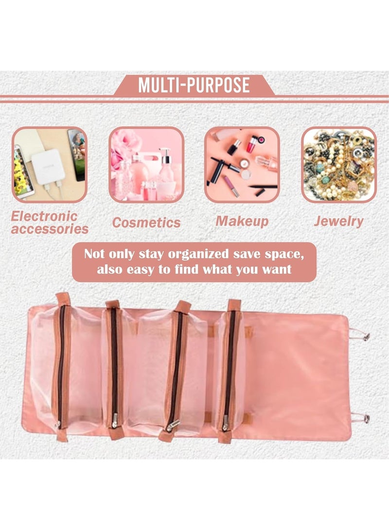Portable travel makeup bag for organizing cosmetics with mesh pockets and brush holder for women and girls - Pink - 333 - Image 5