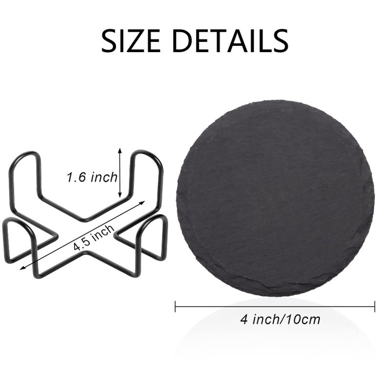 SIJDIEE 4 PCS Round Slate Drink Coasters Set, SIJDIEE 4 Inch Laser Engraving Black Slate Stone Coasters with Anti-Scratch Bottom and Coaster Holder for Office Bar Kitchen Home Dinner Table Decor Supplies - Image 2