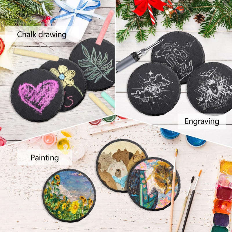 SIJDIEE 4 PCS Round Slate Drink Coasters Set, SIJDIEE 4 Inch Laser Engraving Black Slate Stone Coasters with Anti-Scratch Bottom and Coaster Holder for Office Bar Kitchen Home Dinner Table Decor Supplies - Image 4