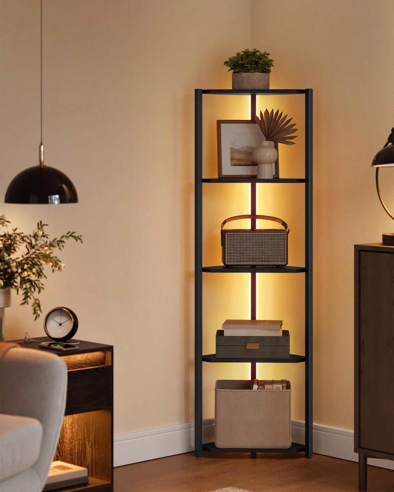 VASAGLE Corner Shelf Stand with LED Lights, 5-Tier Corner Bookshelf, Storage Shelf with Steel Frame, 9.8 x 18.9 x 57.7 Inches, for Living Room, Bedroom, Study, Ebony Black ULBC590B01 - Image 1