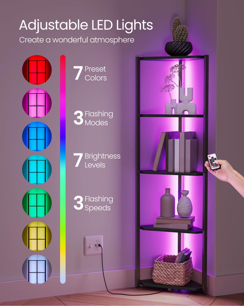 VASAGLE Corner Shelf Stand with LED Lights, 5-Tier Corner Bookshelf, Storage Shelf with Steel Frame, 9.8 x 18.9 x 57.7 Inches, for Living Room, Bedroom, Study, Ebony Black ULBC590B01 - Image 2