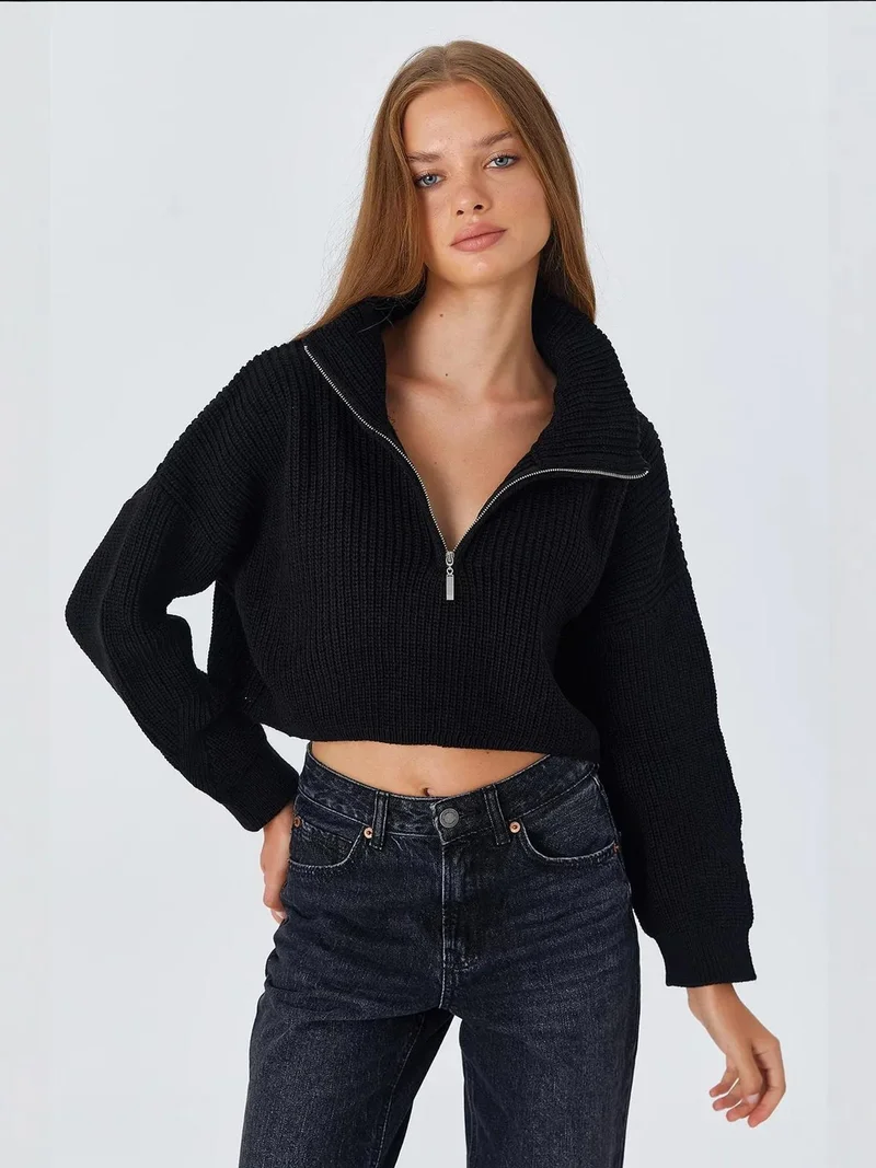 MixRay Mixray Textured Long Sleeve Zipped Collar Sweater