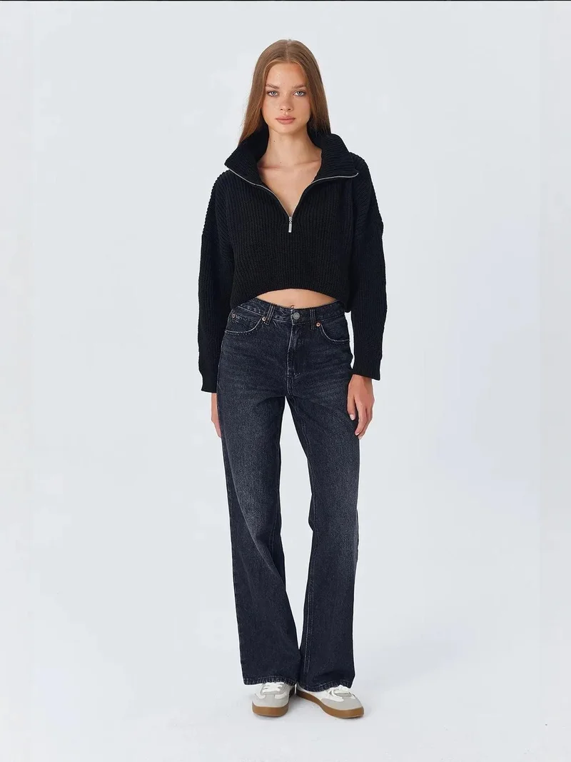 Mixray Black Mixray Textured Long Sleeve Zipped Collar Sweater for Women | Best Price UAE
