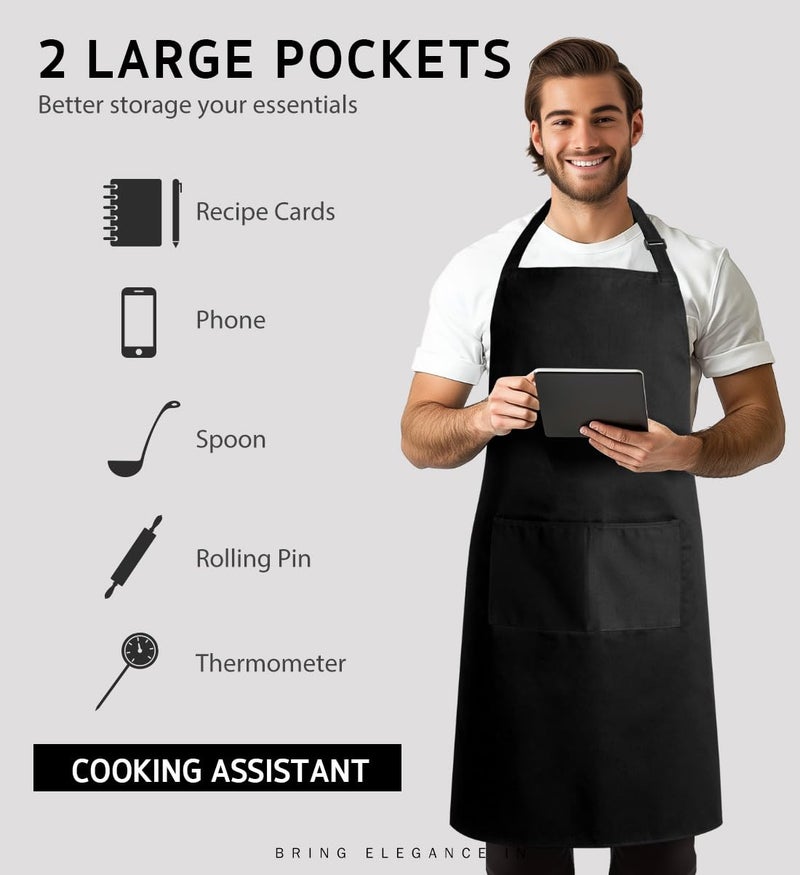 Syntus 2 Pack 100% Cotton Adjustable Bib Apron with 2 Pockets Cooking Kitchen Aprons for Women Men Chef, Black - Image 4