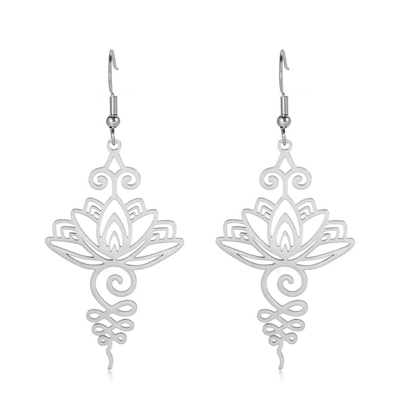 TEAMER Stainless Steel Lotus Flower Dangle Earrings Bohemian Drop Earring Unique Geometric Jewelry for Women (Lotus 2-Steel Color) - Image 1