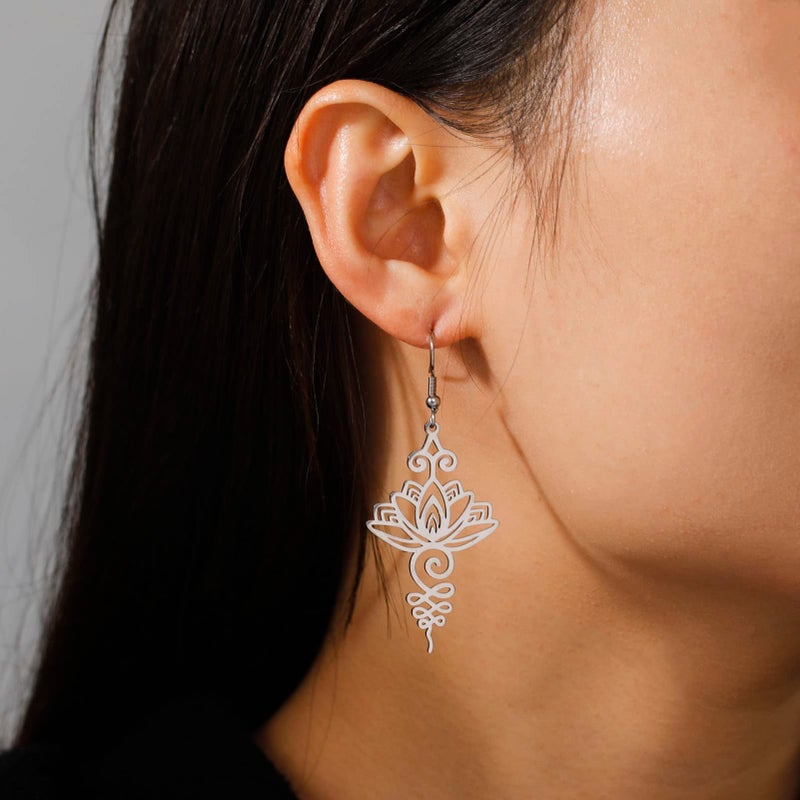 TEAMER Stainless Steel Lotus Flower Dangle Earrings Bohemian Drop Earring Unique Geometric Jewelry for Women (Lotus 2-Steel Color) - Image 2