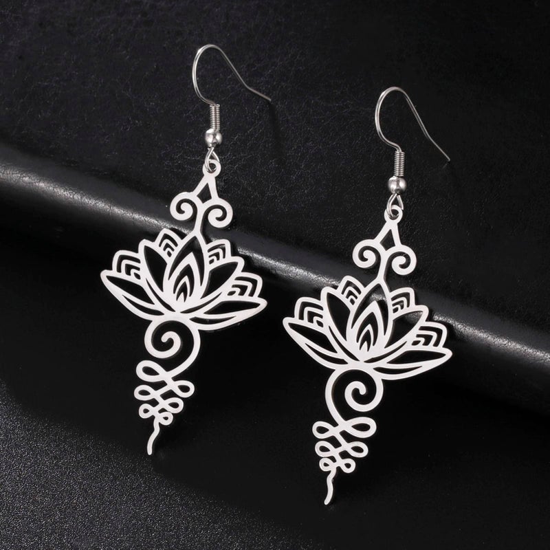 TEAMER Stainless Steel Lotus Flower Dangle Earrings Bohemian Drop Earring Unique Geometric Jewelry for Women (Lotus 2-Steel Color) - Image 4