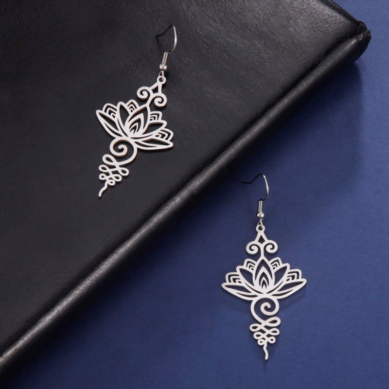 TEAMER Stainless Steel Lotus Flower Dangle Earrings Bohemian Drop Earring Unique Geometric Jewelry for Women (Lotus 2-Steel Color) - Image 5