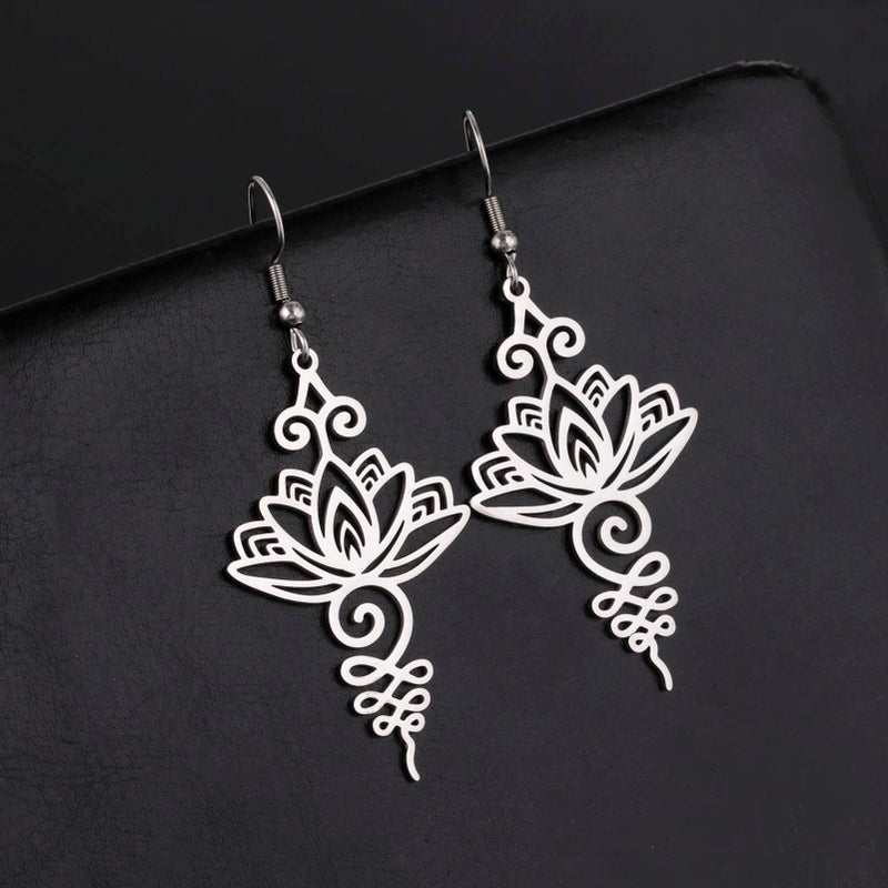 TEAMER Stainless Steel Lotus Flower Dangle Earrings Bohemian Drop Earring Unique Geometric Jewelry for Women (Lotus 2-Steel Color) - Image 3