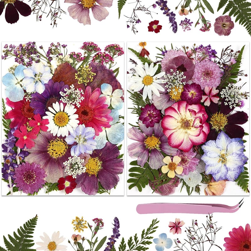 Eshow 70Pcs Dried Pressed Flowers for Crafts, Natural Dry Flowers for Resin with Tweezer for Scrapbooking DIY Art Crafts, Epoxy Jewelry Molds, Candle, Soap Making - Image 1