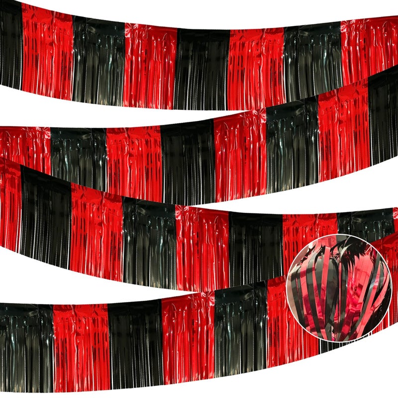 ILHSTY 4 Pack 10 Feet Black Red Parade Floats Foil Fringe Garland Metallic Tinsel Streamers Banner Fringe Curtain Banner for Halloween Graduation Homecoming Birthday Party Decorations (Black, Red) - Image 1