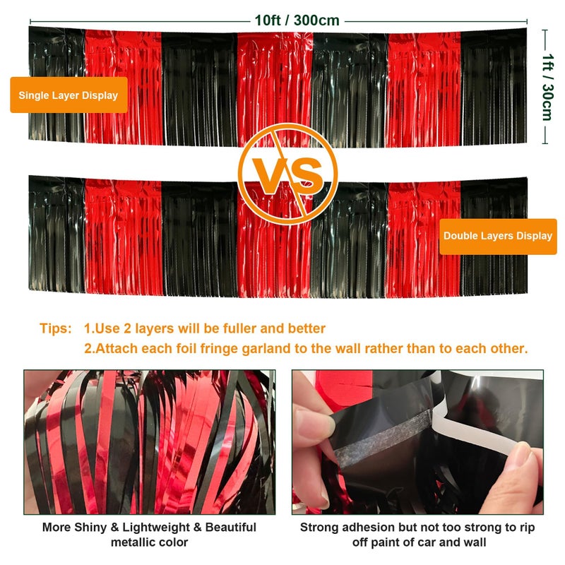 ILHSTY 4 Pack 10 Feet Black Red Parade Floats Foil Fringe Garland Metallic Tinsel Streamers Banner Fringe Curtain Banner for Halloween Graduation Homecoming Birthday Party Decorations (Black, Red) - Image 2