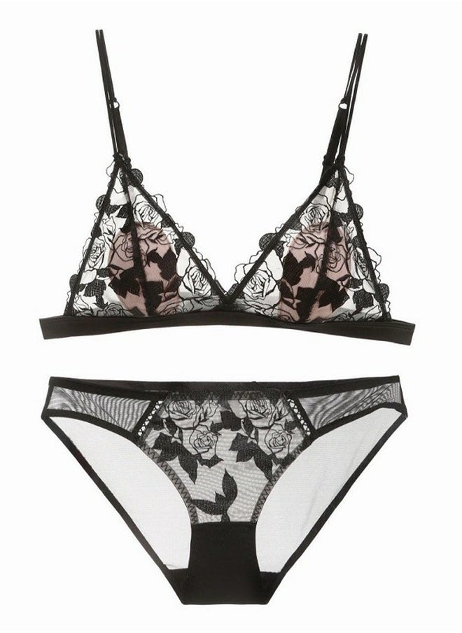 Loquat - Breathable Triangle Cup Lace Bra And Panty Set Black - Image 1