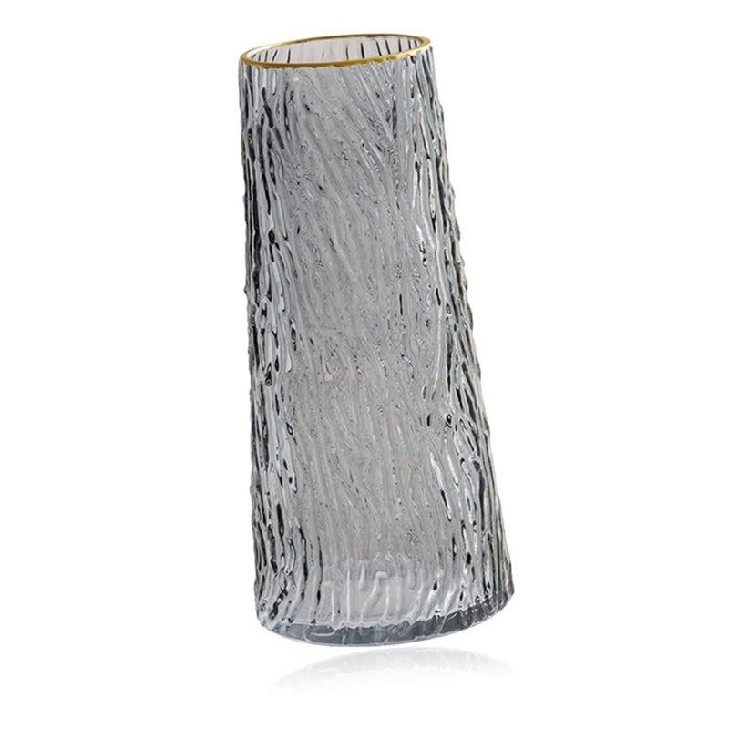 Nordic Style Glass Vase With Gold Accents 21.5cm Gray Bark Texture - Image 1