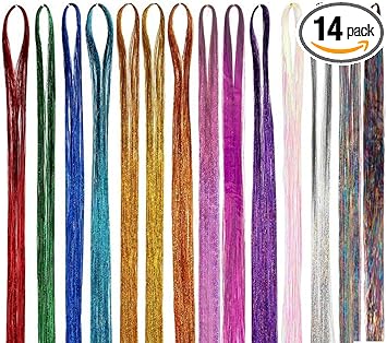nuoshen 14 Colors 4200 Strands Hair Tinsel Extensions Shiny Colorful Straight Hair Extensions for Women Girls Party Cosplay Rainbow Synthetic Hair Extensions 366 Inches - Image 1