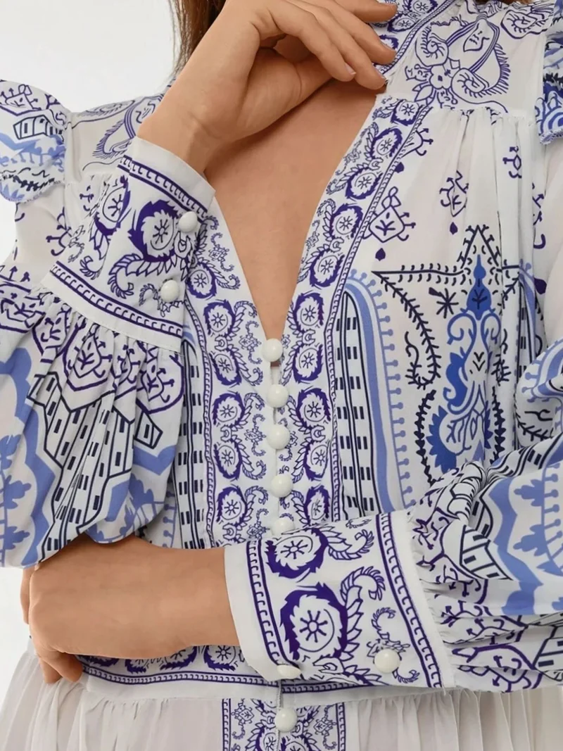 HICCUP Printed V-Neck Maxi Dress with Ruffle Detail