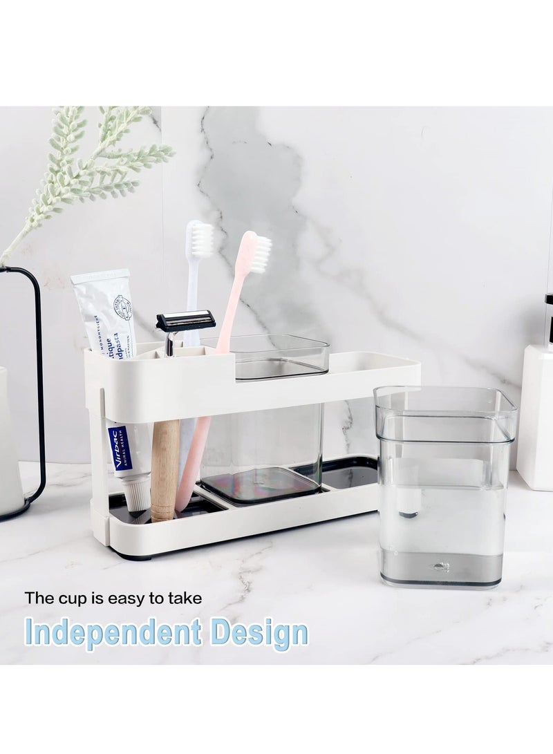 Y&D Toothbrush Holder with Cup and Toothpaste for Bathroom Vanity Shelves Storage Base 2 Cups Stand Mouthwash Rack, White - Image 3