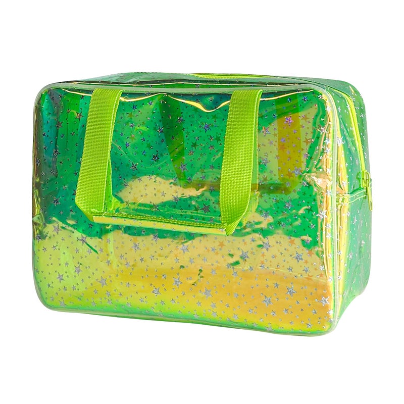 TotePrint Holographic green Clear Star Large Cosmetic Bag and TPU Travel Pouch with Handle,Durable Material,Zipper Design-Ideal for Makeup,Travel Essentials (Holographic green+stars) - Image 1