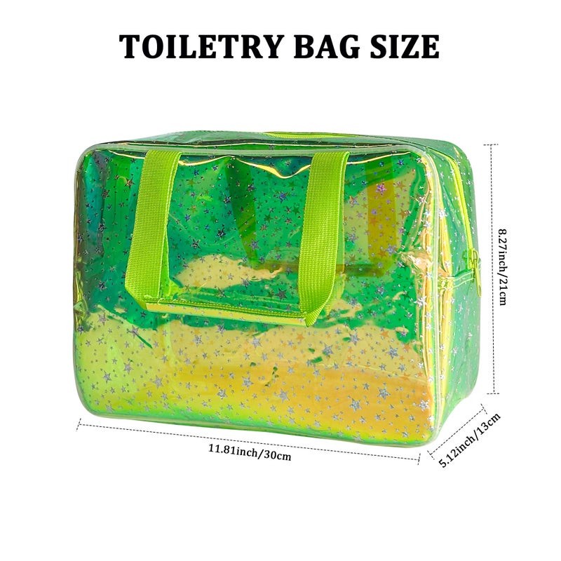 TotePrint Holographic green Clear Star Large Cosmetic Bag and TPU Travel Pouch with Handle,Durable Material,Zipper Design-Ideal for Makeup,Travel Essentials (Holographic green+stars) - Image 2