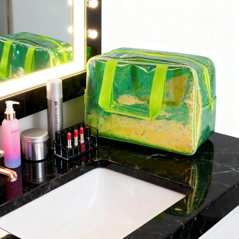 TotePrint Holographic green Clear Star Large Cosmetic Bag and TPU Travel Pouch with Handle,Durable Material,Zipper Design-Ideal for Makeup,Travel Essentials (Holographic green+stars) - Image 5
