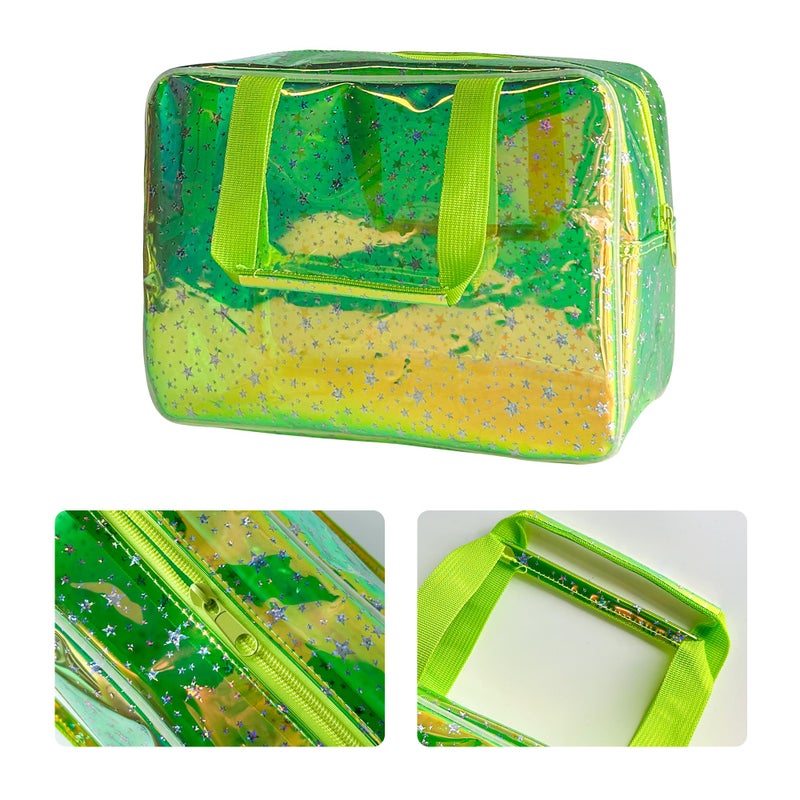 TotePrint Holographic green Clear Star Large Cosmetic Bag and TPU Travel Pouch with Handle,Durable Material,Zipper Design-Ideal for Makeup,Travel Essentials (Holographic green+stars) - Image 3