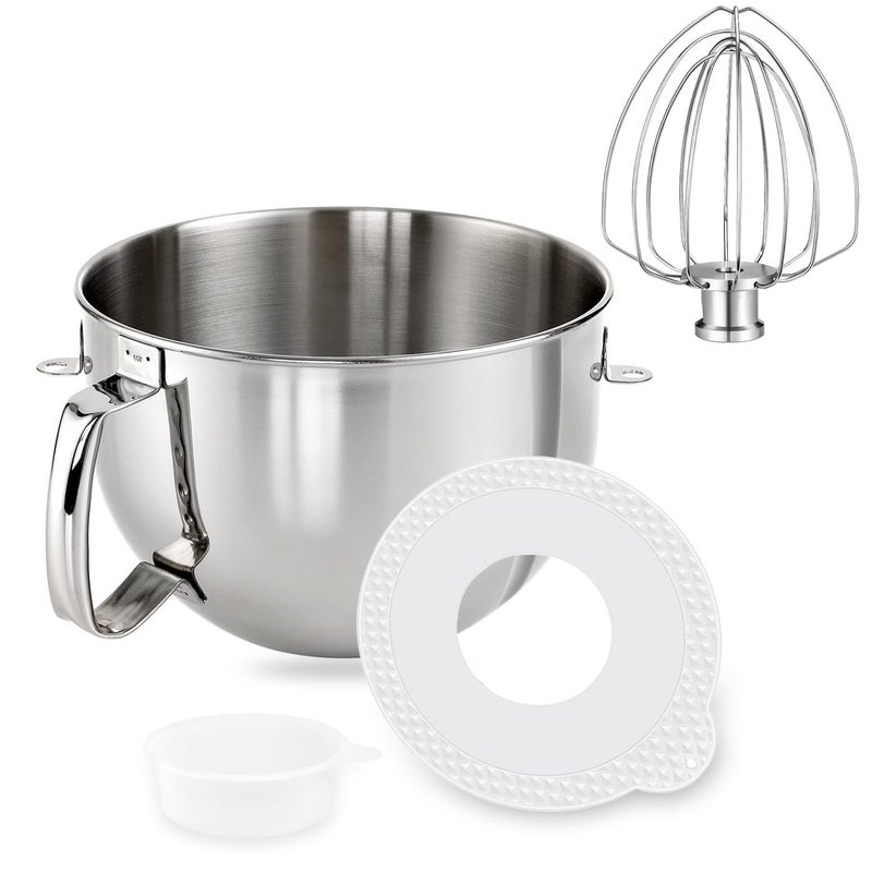 Kainasch وعاء خلط من الفولاذ المقاوم للصدأ سعة 6 كوارت ومضرب K256WW بديل لوعاء خلاط KitchenAid سعة 5.5-6 كوارت - مضرب سلكي سداسي ووعاء خلط مع غطاء لملحقات خلاطات KitchenAid - Image 1