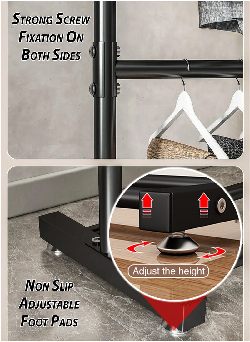 DBLEW - Double Rod Clothing Rack Heavy Duty Dual Layer Clothes Drying Stand Garment Organizer Open Armoire with 2 Tier Hanger Rails and Bottom Storage Shelf, Strong 25mm Steel Pipes, 70kg Load Large Capacity Featuring Two Horizontal Bars for Hanging Clothes, Laundry Room, Balcony, Bedroom Sheets, Quilts, Blanket, Coats, Skirts, Shirts, Hats, Sweaters Holder 100cm - Image 1