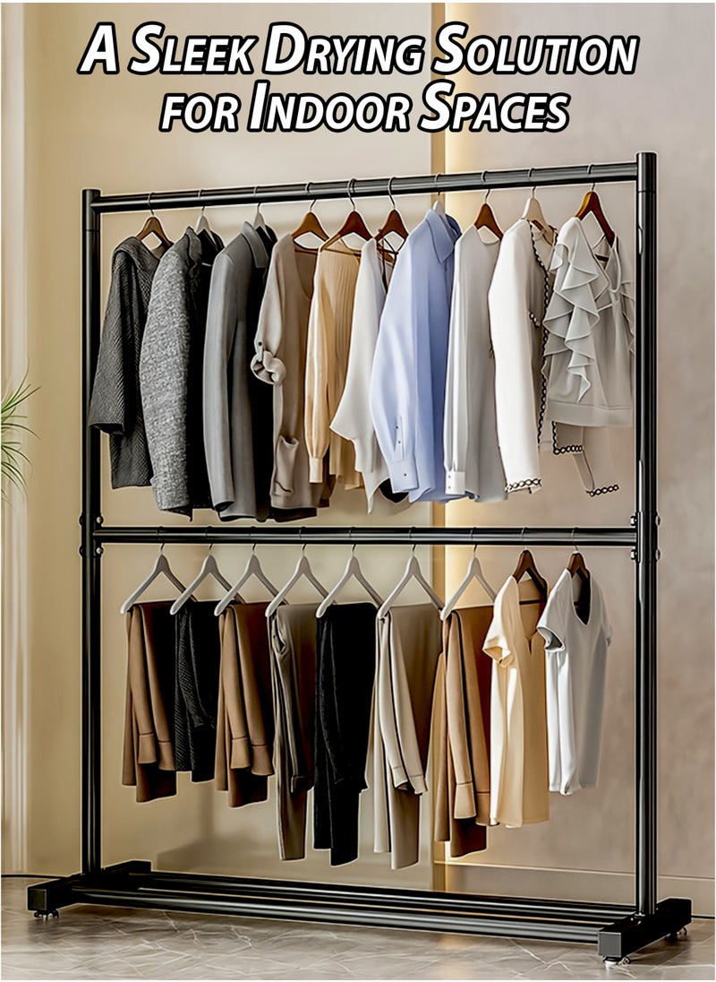 DBLEW - Double Rod Clothing Rack Heavy Duty Dual Layer Clothes Drying Stand Garment Organizer Open Armoire with 2 Tier Hanger Rails and Bottom Storage Shelf, Strong 25mm Steel Pipes, 70kg Load Large Capacity Featuring Two Horizontal Bars for Hanging Clothes, Laundry Room, Balcony, Bedroom Sheets, Quilts, Blanket, Coats, Skirts, Shirts, Hats, Sweaters Holder 100cm - Image 1