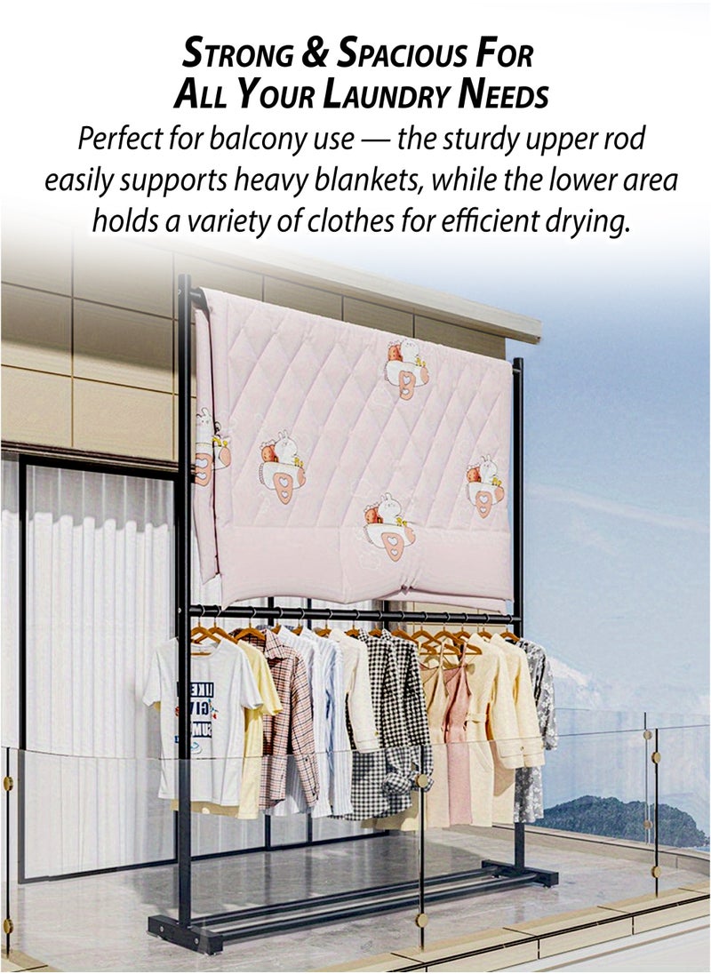 DBLEW - Double Rod Clothing Rack Heavy Duty Dual Layer Clothes Drying Stand Garment Organizer Open Armoire with 2 Tier Hanger Rails and Bottom Storage Shelf, Strong 25mm Steel Pipes, 70kg Load Large Capacity Featuring Two Horizontal Bars for Hanging Clothes, Laundry Room, Balcony, Bedroom Sheets, Quilts, Blanket, Coats, Skirts, Shirts, Hats, Sweaters Holder 100cm - Image 1