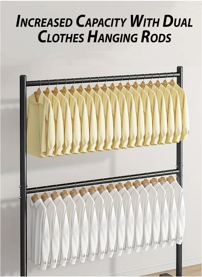 DBLEW - Double Rod Clothing Rack Heavy Duty Dual Layer Clothes Drying Stand Garment Organizer Open Armoire with 2 Tier Hanger Rails and Bottom Storage Shelf, Strong 25mm Steel Pipes, 70kg Load Large Capacity Featuring Two Horizontal Bars for Hanging Clothes, Laundry Room, Balcony, Bedroom Sheets, Quilts, Blanket, Coats, Skirts, Shirts, Hats, Sweaters Holder 100cm - Image 1