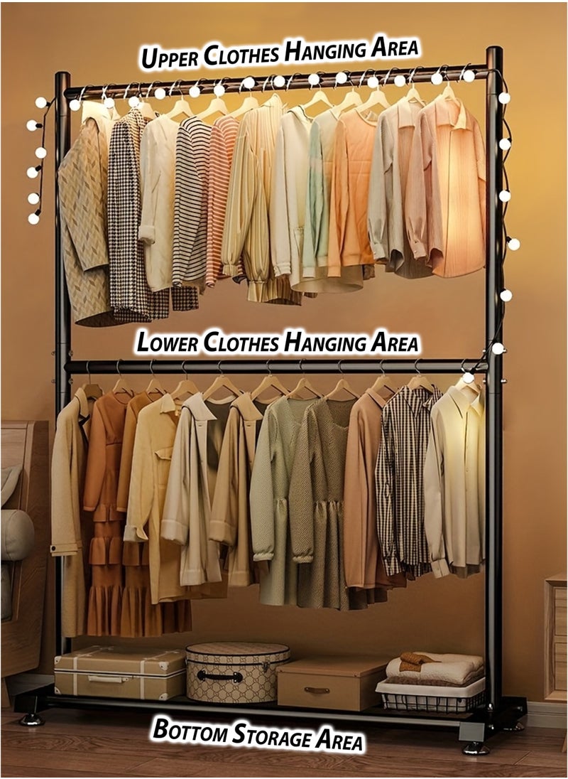 DBLEW - Double Rod Clothing Rack Heavy Duty Dual Layer Clothes Drying Stand Garment Organizer Open Armoire with 2 Tier Hanger Rails and Bottom Storage Shelf, Strong 25mm Steel Pipes, 70kg Load Large Capacity Featuring Two Horizontal Bars for Hanging Clothes, Laundry Room, Balcony, Bedroom Sheets, Quilts, Blanket, Coats, Skirts, Shirts, Hats, Sweaters Holder 100cm - Image 1