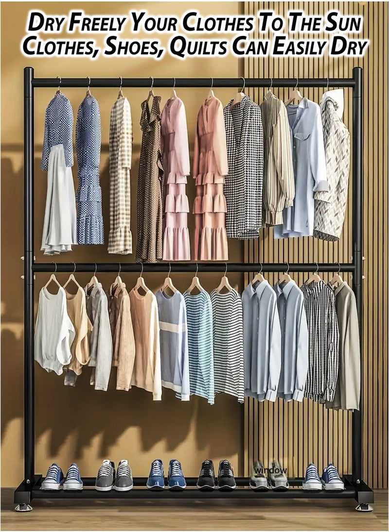 DBLEW - Double Rod Clothing Rack Heavy Duty Dual Layer Clothes Drying Stand Garment Organizer Open Armoire with 2 Tier Hanger Rails and Bottom Storage Shelf, Strong 25mm Steel Pipes, 70kg Load Large Capacity Featuring Two Horizontal Bars for Hanging Clothes, Laundry Room, Balcony, Bedroom Sheets, Quilts, Blanket, Coats, Skirts, Shirts, Hats, Sweaters Holder 100cm - Image 1