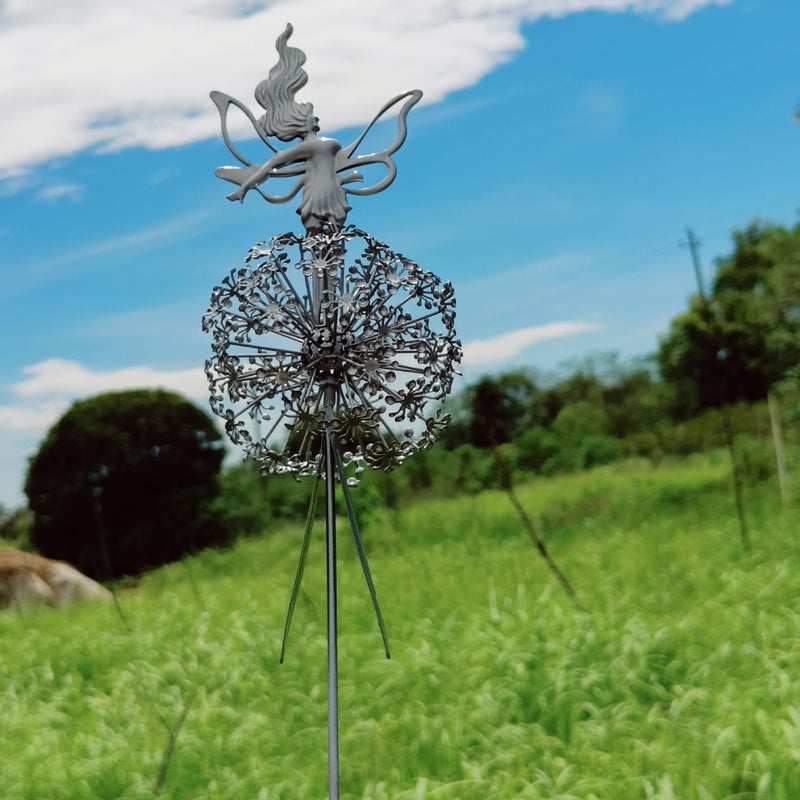 Fcteap Flower Fairy Dancing with Dandelion Garden Art Sculpture Stainless Steel Statue Christmas Halloween Decoration for Outdoor Yard Courtyard Lawn Patio Metal Ornaments (Open Hands) - Image 1