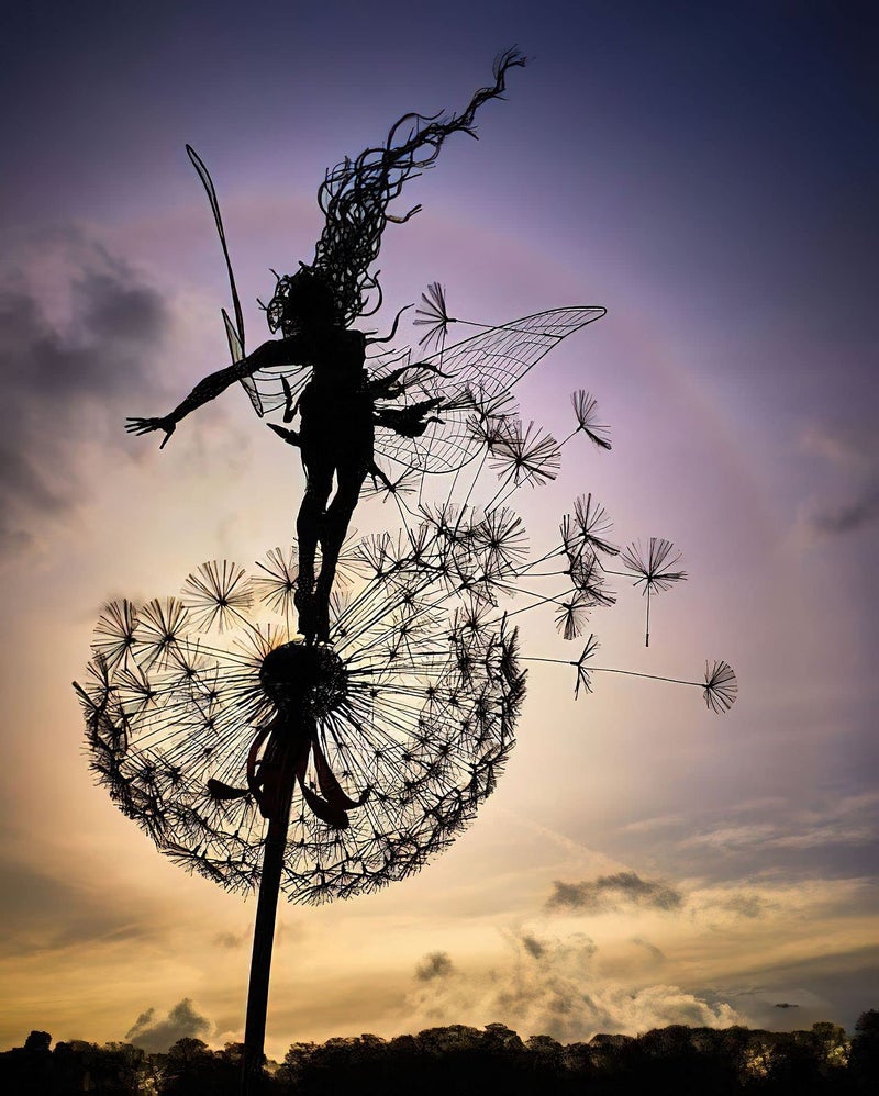 Fcteap Flower Fairy Dancing with Dandelion Garden Art Sculpture Stainless Steel Statue Christmas Halloween Decoration for Outdoor Yard Courtyard Lawn Patio Metal Ornaments (Open Hands) - Image 2