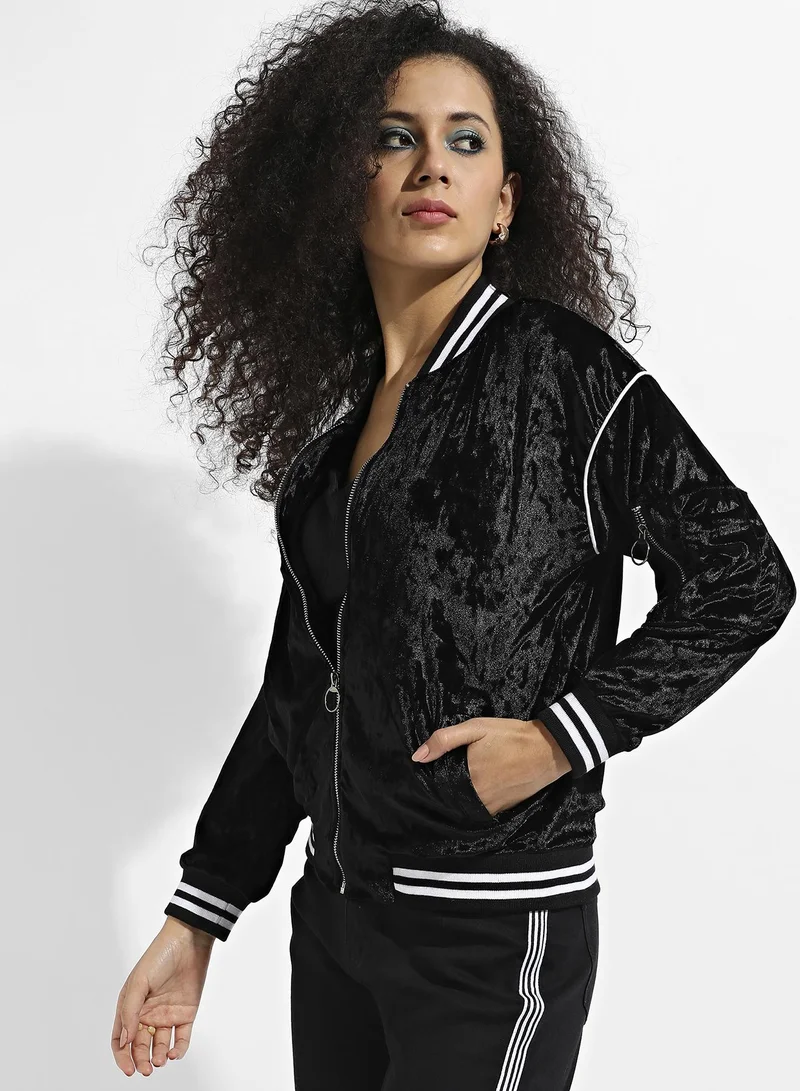 Campus Sutra Women's Navy Blue Zip Front Dark-Wash Denim Jacket